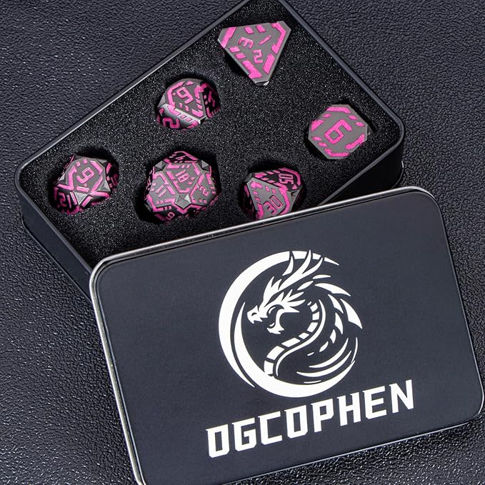 Metal DND Sci-fi Dice Set 7PCS Luminous Pink Stripe Polyhedral Dice for Dungeons Dragons RPG Role Playing Game, Glitter D and D Dice with Gift Box D6 D8 D10 D12 D20