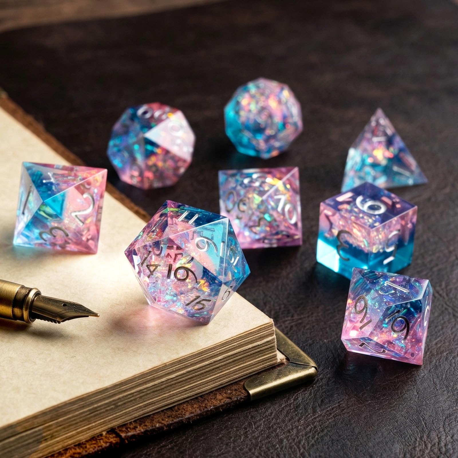 Haxtec Sparkling Sharp Edge Dice Set - Handmade Resin DND Dice with Iridescent Mylar Inclusion, Light Purple and Blue Color Mix-Enchanted Stardust