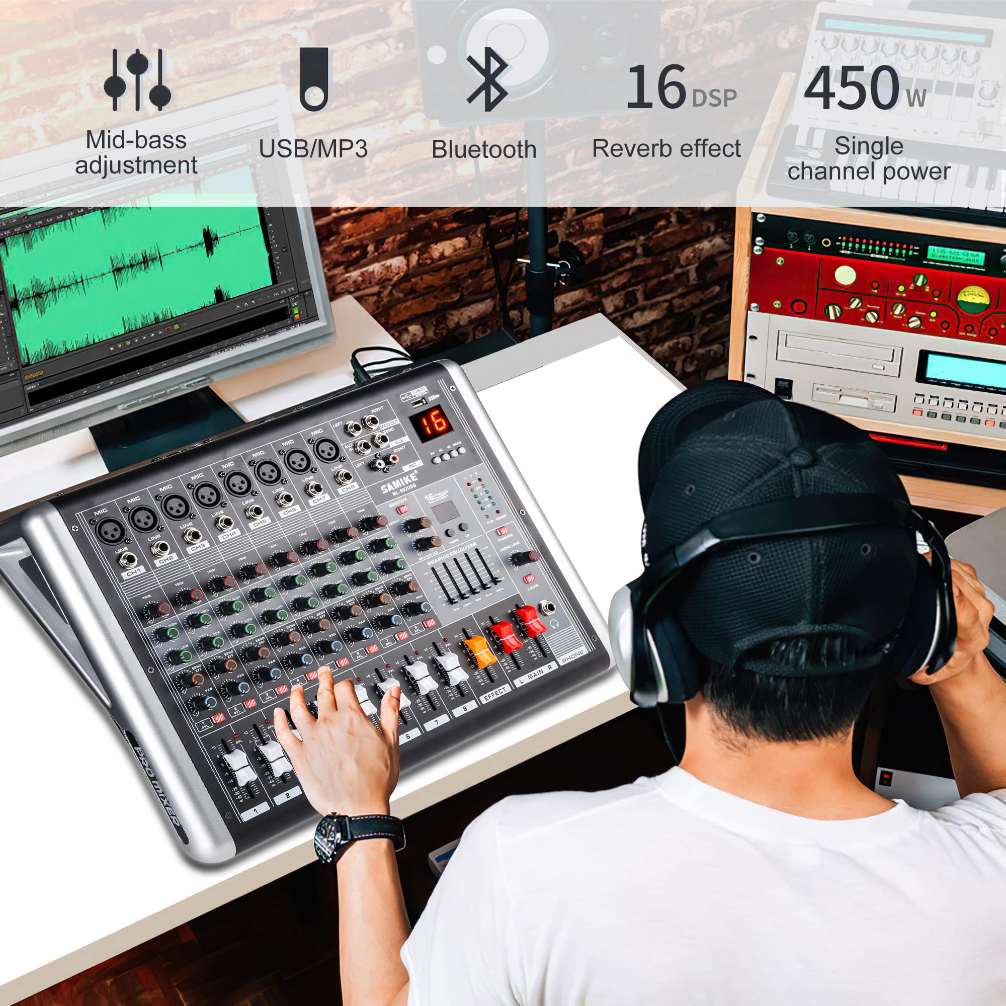 Mixers Audio 8 Channel Mixer Power Mixer Amplifier 2 * 300 Watt Output Dj Mixer Board with 16 Kinds of DSP Reverb Sound Mixers for Speakers