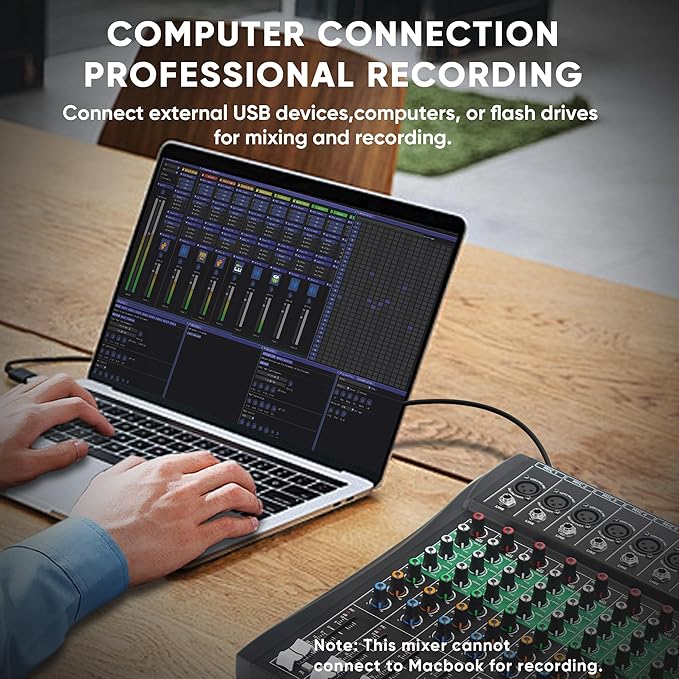 6 Channel Audio Mixer, Professional DJ Mixer Board Sound Music Mixing Console Digital Mixer with Reverb, Bluetooth, USB Port, 48V Phantom Power for Recording Karaoke Podcasting