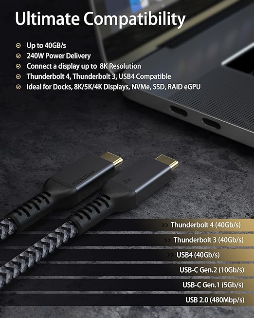 Maxonar [6.6Ft] Thunderbolt 4 Cable with 40Gbps Data Sync/240W Charging and 8K/5K@60Hz for Thunderbolt 4/3, USB4, and USB C Devices