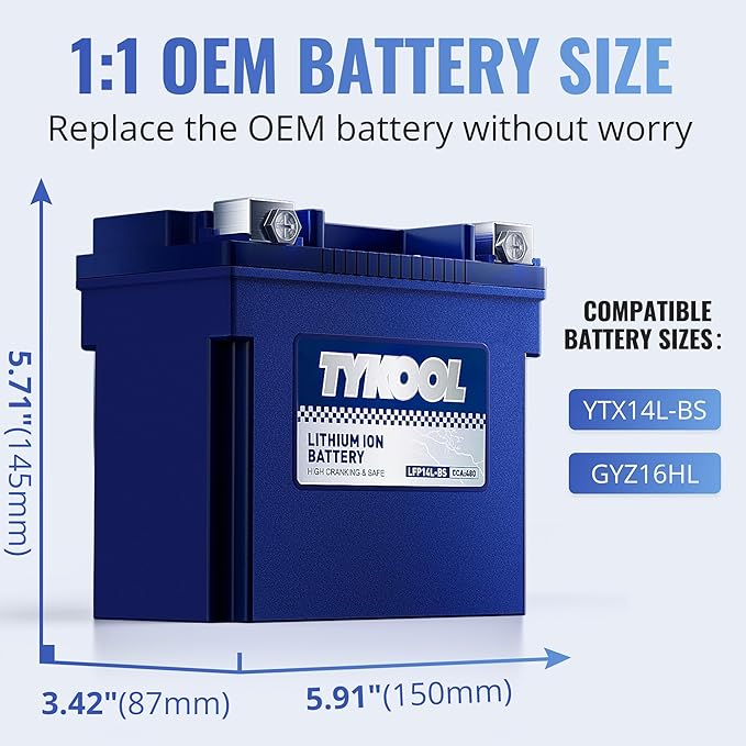 TYKOOL YTX14L-BS 3X Cranking Amps,5X Life, Lithium LiFePO4 Motorcycle Battery,12V 8Ah,480CCA,Digital Readout, Built in BMS,Powersports Battery, Compatible for Harley-Davidson, BRP (Sea-doo) Spark 900