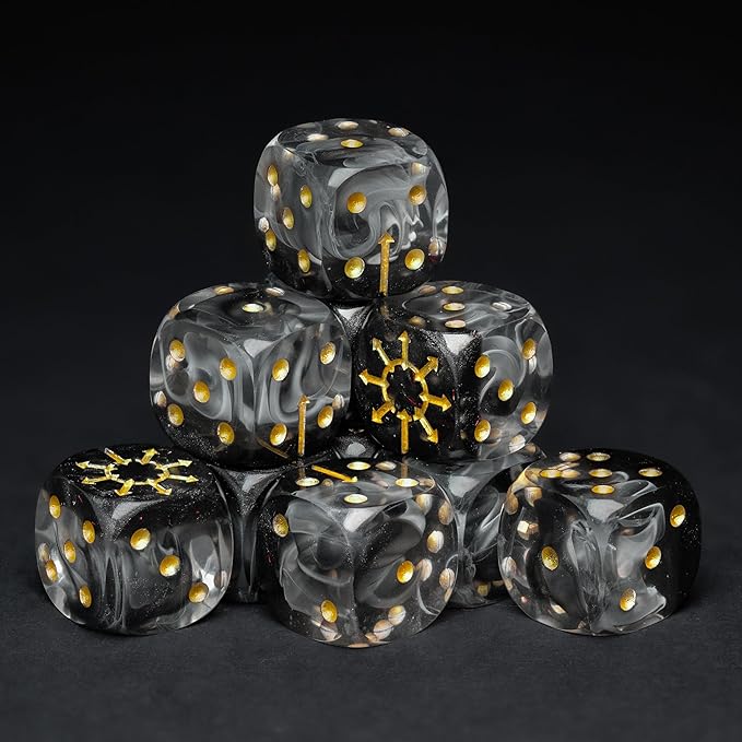 D6 Dice Set – 10× Six-Sided Resin Dice with Themed Designs – 16mm Tabletop for Wargames, RPGs, MTG, and Board Games (B-Dice in Wooden Box, Chaos Dice Set)