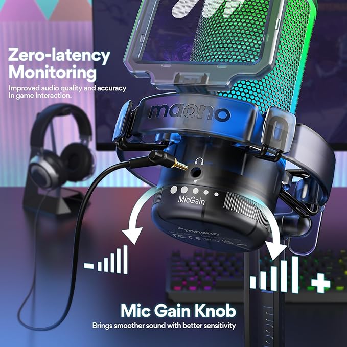 MAONO Gaming USB Microphone for PC with Noise Cancellation, Computer RGB Condenser Mic for Streaming Discord Twitch YouTube Podcast Online Chat PS4 PS5, GamerWave DGM20