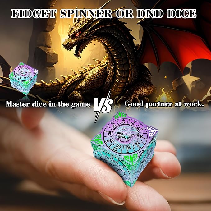 Spinner Dice 7-in-1 Metal DND Set – Premium Copper RPG Dice with 3D Monster Reliefs, Gyro Spinner & Collector’s Box for D&D,Chameleon Purple