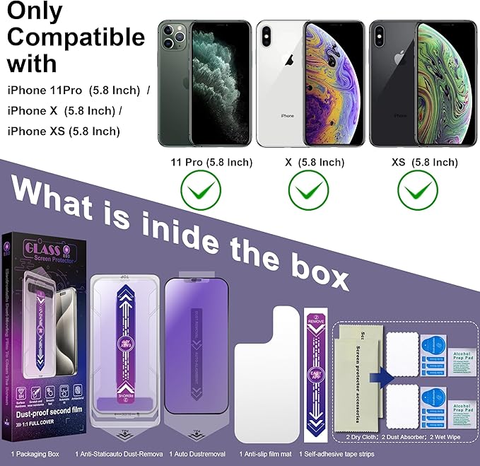 2 Pack Anti Blue Light Matte Screen Protector for iPhone X/iPhone XS/iPhone 11 Pro, 9H Tempered Glass, Full Coverage, Anti-Fingerprint, Auto Dust-Elimination, No Bubble, Easy Installation