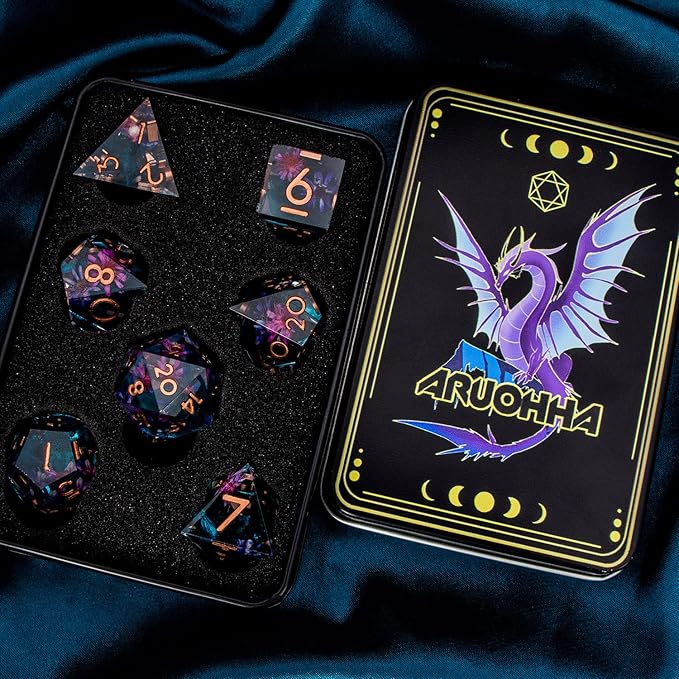 ARUOHHA DND Resin Dice Translucent Sharp Edged Dragons Dice Set, 7pcs Flower Leaf Polyhedral Dungeons D and D Dice RPG Role Playing Game D20 D12 D10 D8 D6 D4