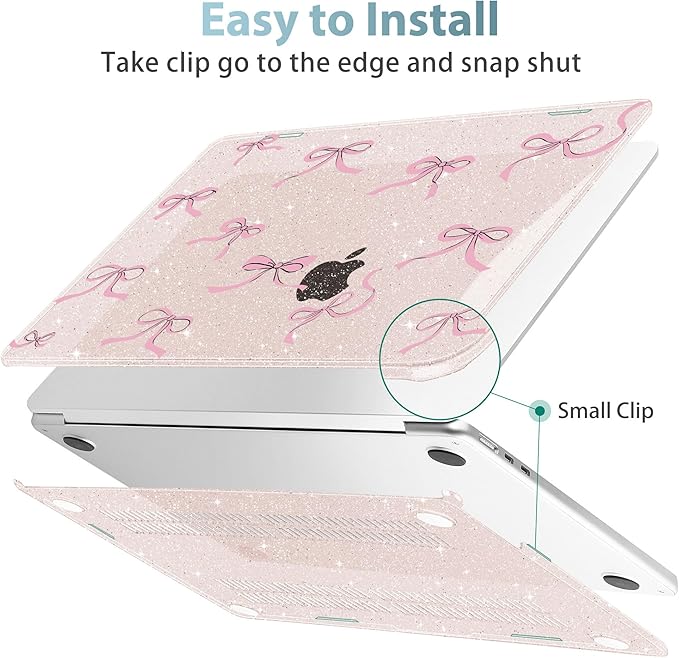 May Chen for MacBook Air 13.6 inch Case A3240 M4 A3113 M3 A2681 M2 with Retina Dispaly, 2025 2024 2023 2022 Release, Plastic Hard Shell Case with Keyboard Cover, Sakura Pink Glitter Bow