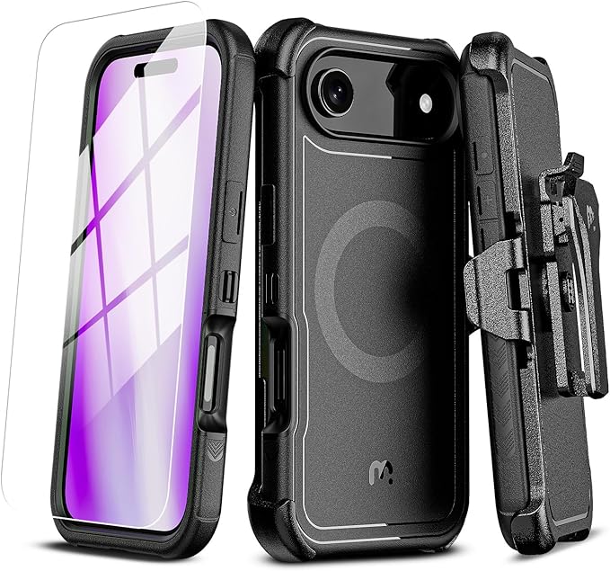 M MYBAT PRO for iPhone Air Case with Belt Clip Holster, [Compatible with Magsafe] w/Screen Protector, Anti-Drop, Shockproof, w 360°Rotating Kickstand,Heavy Duty Protection (Black)