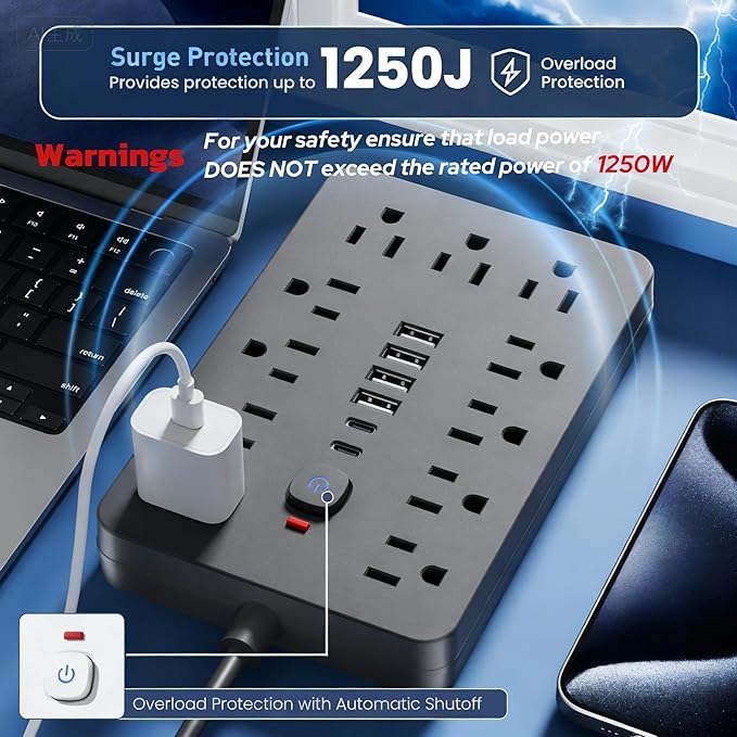 5 FT Flat Plug Surge Protector Power Strip,11 Multiple AC Outlets with 6 USB Ports (2 USB C), 5 Feet Extension Cord, 1250W/10A, One Touch Switch Button, 17 in 1 Compact powerstrip