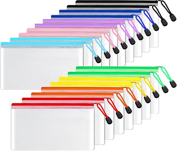 SUNEE Plastic Mesh Zipper Pouch 4.6x9.2 in (9 Colors, 18 Packs), Plastic Pencil Pouches, Multipurpose Travel Bags, for Office Supplies Bills Cosmetics Travel Accessories& Games Organizing Storage