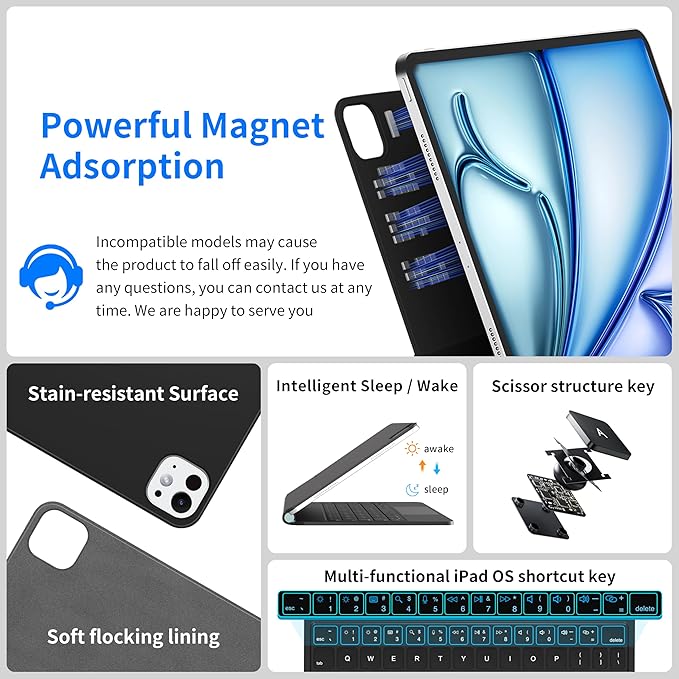 iPad Air 11 inch Case with Keyboard (M3 2025 / M2 2024) & iPad Pro 11 inch (4th/3rd/2nd/1st Gen), Magic Keyboard for 10.9" iPad Air (5th/4th Gen) with 7 Colors Backlight, Multi-Touch Trackpad