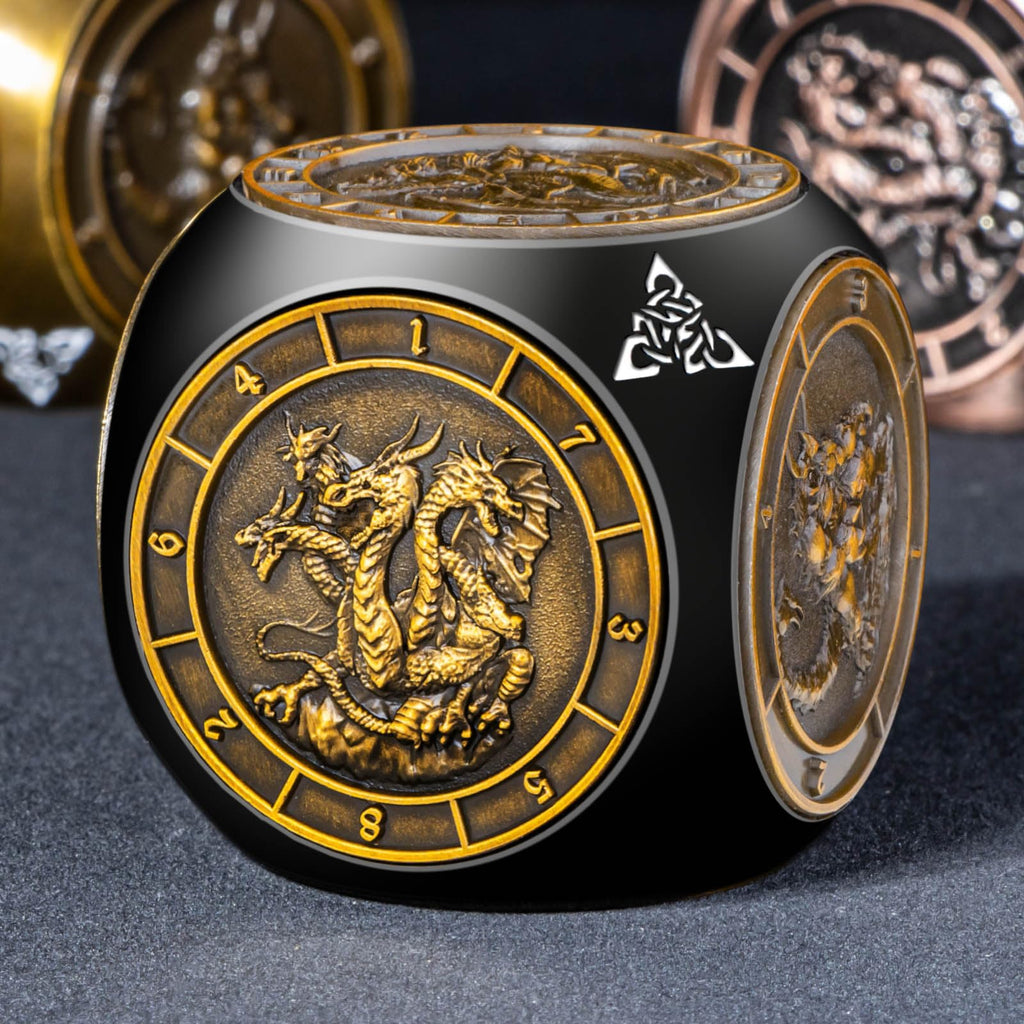 Roycevon 7 in 1 Unique Spinner DND Dice Set D&D, Metal D and D Dice with Gift Box, Dungeons Dragons Role Playing Dice, Black Gold