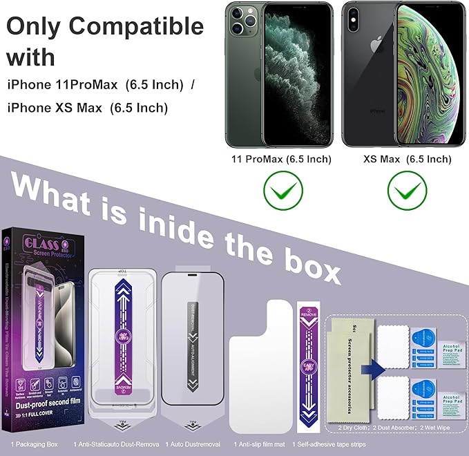 2 Pack Screen Protector for iPhone 11 Pro Max/iPhon XS Max, 9H Tempered Glass, Full Coverage, Anti-Fingerprint, Auto Dust-Elimination, No Bubble, Easy Installation