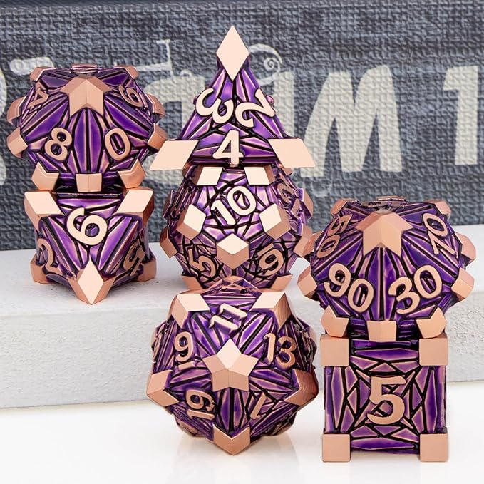 7PCS Metal DND Dice Set with Box, Debris RPG Purple D and D Dice for use with D&D Tabletop Games Role Playing Game Polyhedral Dice Set D20 D12 D10 D8 D6 D4