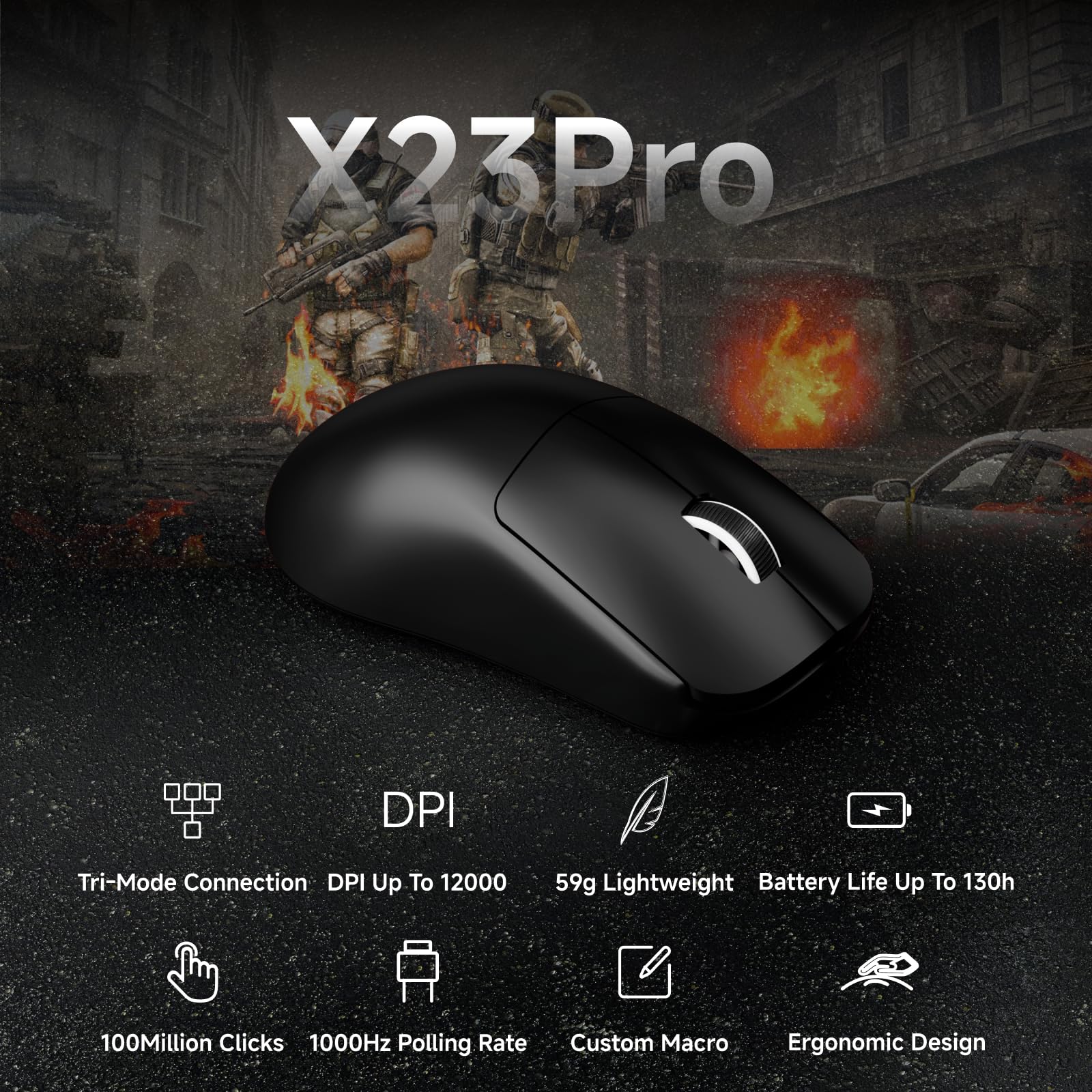 SEUNKWANG EWEAND X23 Pro Gaming Mouse, Tri-Mode 2.4G/USB-C/Bluetooth Wireless Mouse, PAW3311 Sensor, 12,000 DPI, 59g Lightweight, 1ms Ultra-Low Delay, Gaming & Computer Mouse for Laptop/PC/Mac-Black
