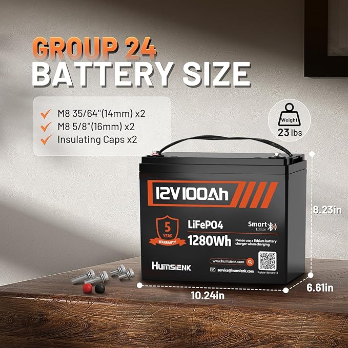 12V 100Ah LiFePO4 Lithium Battery Bluetooth - BCI Group 24 Deep Cycle Battery, Built-in 100A BMS & Low-Temp Protection, 15000+ Cycles, for RV/Marine/Trolling Motor/Off-Grid/Home Backup