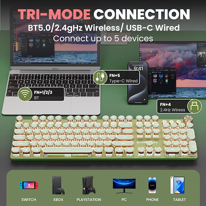 EWEADN V20 Typewriter Keyboard Wireless, 104 Keys Typewriter Style Mechanical with White Backlit, Media Knob, Pink Switch 2.4G/Bluetooth/USB-C Wired Retro Full Size Keyboard for Windows/Mac/PC-Green