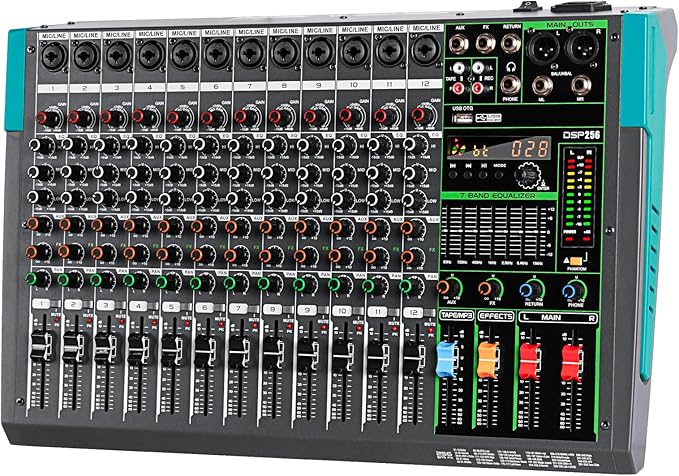 Depusheng PA12 Professional Audio Mixer Sound Board Console Desk System Interface 12 Channel Digital USB Bluetooth MP3 Computer Input 48V Phantom Power Built-in 256 Reverb Effect, Black