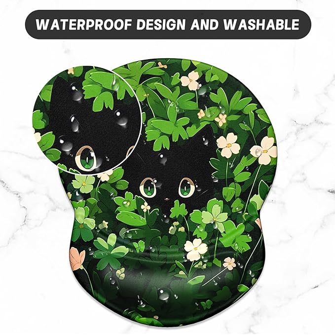 ITNRSIIET Ergonomic Mouse Pad with Gel Wrist Support Small Wrist Rest Smooth Surface Non-Slip PU Base Comfortable Office Supplies Pain Relief, 8.7 x 7.2 inches, Green Leave Cat