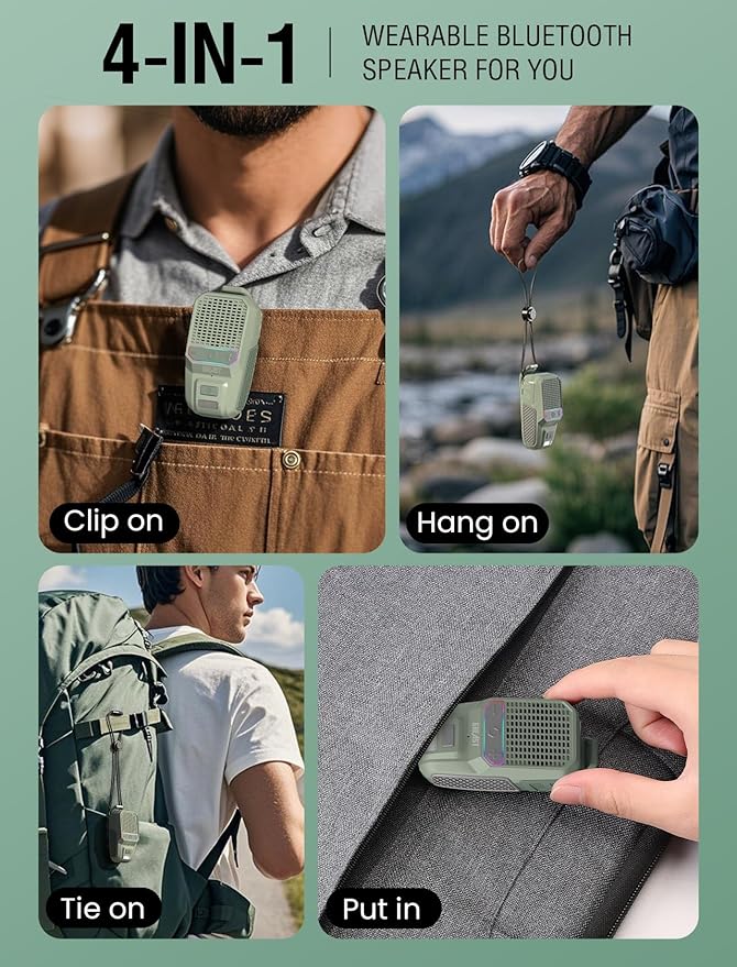 GBEAST Wearable Bluetooth Speaker with RGB/Flashlight, IPX6 Waterproof Clip-On Portable Speaker with 30H Playtime - Built-in Mic Hands-Free for Jobsite/Outdoor/Golf, TWS Portable Speakers (Green)