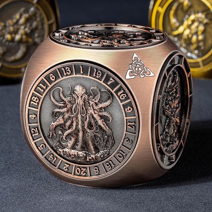 7 in 1 D6 Spinner DND Dice Set D&D, Metal Cube D and D Dice with Gift Box, Dungeons Dragons Role Playing Dice, Copper