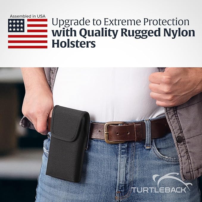 Turtleback Belt Clip for iPhone 16 Pro, 16e, 15 pro 14 Pro 13 Pro -Medium- Fits w/Shockproof Commuter Style Cases - Premium Black Nylon, Vertical Belt Holder, Magnetic Closure, HD Rotating Clip