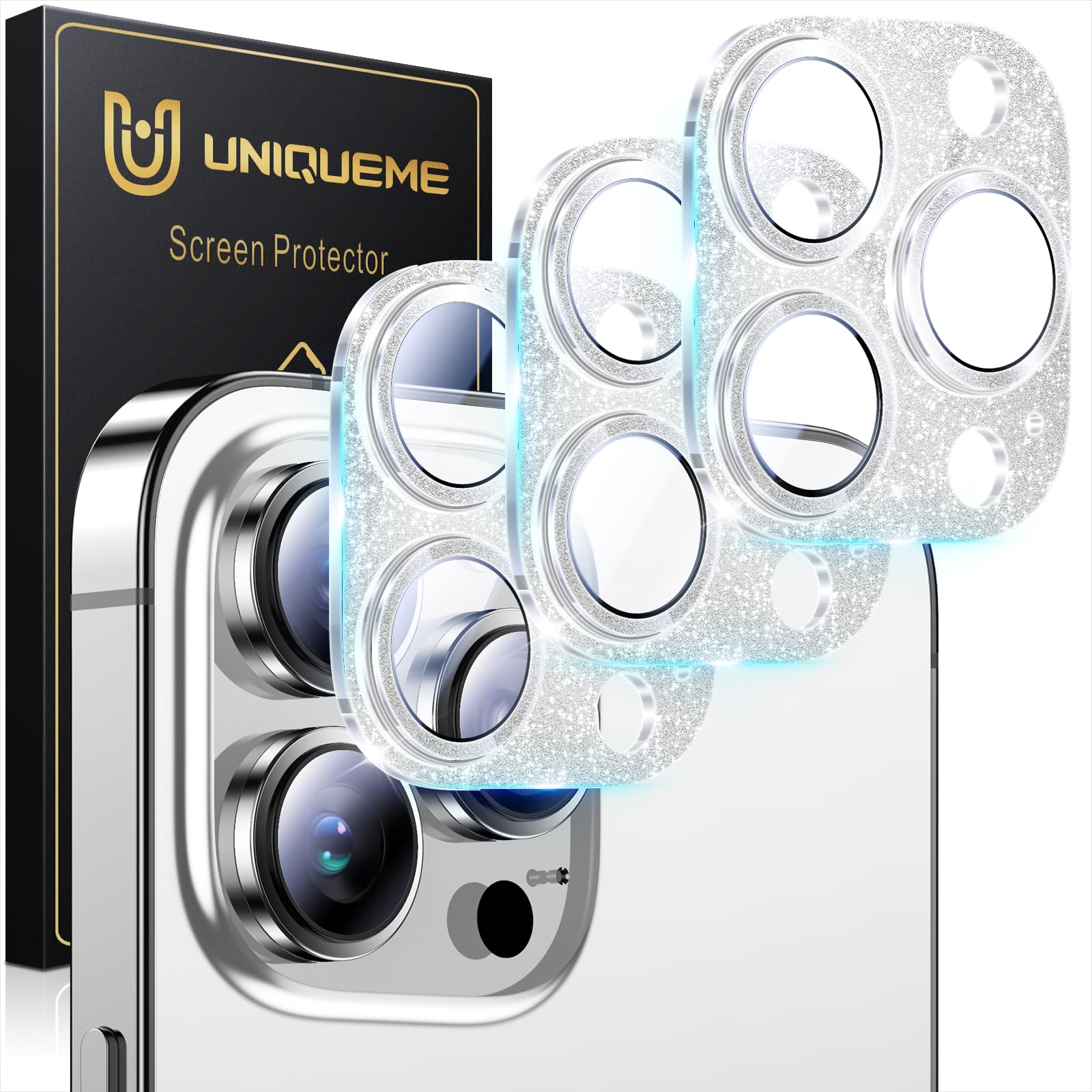 UniqueMe for iPhone 13 Pro Max/13 Pro Camera Lens Protector-Glitter Silver