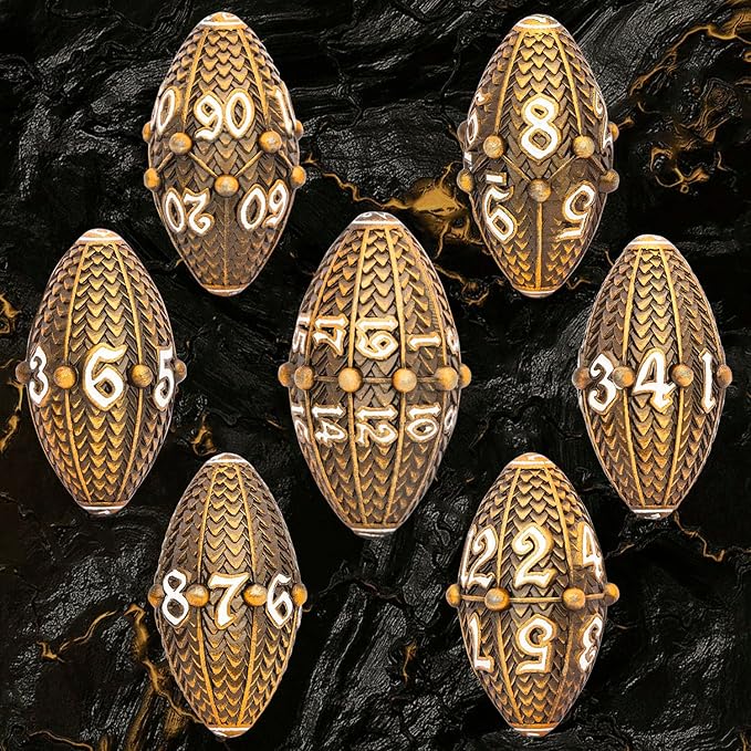ARUOHHA DND Metal Dice Antique Gold Dragon Egg Dice with Metal Box, Role Playing Game RPG Polyhedral D and D Dice Set D20 D12 D10 D8 D6 D4