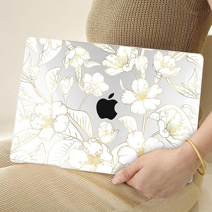 TWOLSKOO Compatible with M4 MacBook Air 13.6 inch Case 2025-2022 Release M4 A3240 M3 A3113 M2 A2681, Plastic Hard Shell & Keyboard Cover & Type C Adapter & Screen Protector, Gold Cherry Blossom