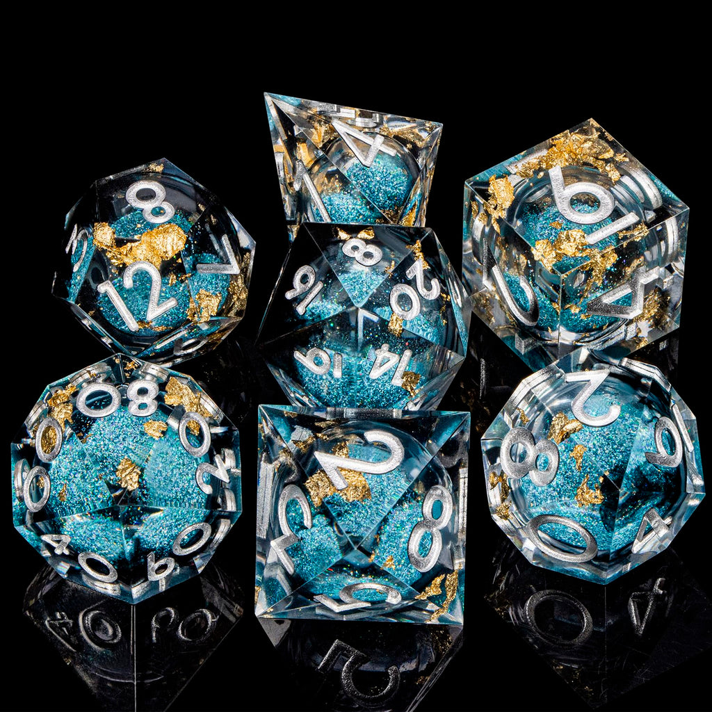 ORIFANTOU DND Dice Blue Liquid Core Dice Set with Metal Box, Handmade Sharp Edge D and D Polyhedral Dice for use with RPG D&D Role Playing Game