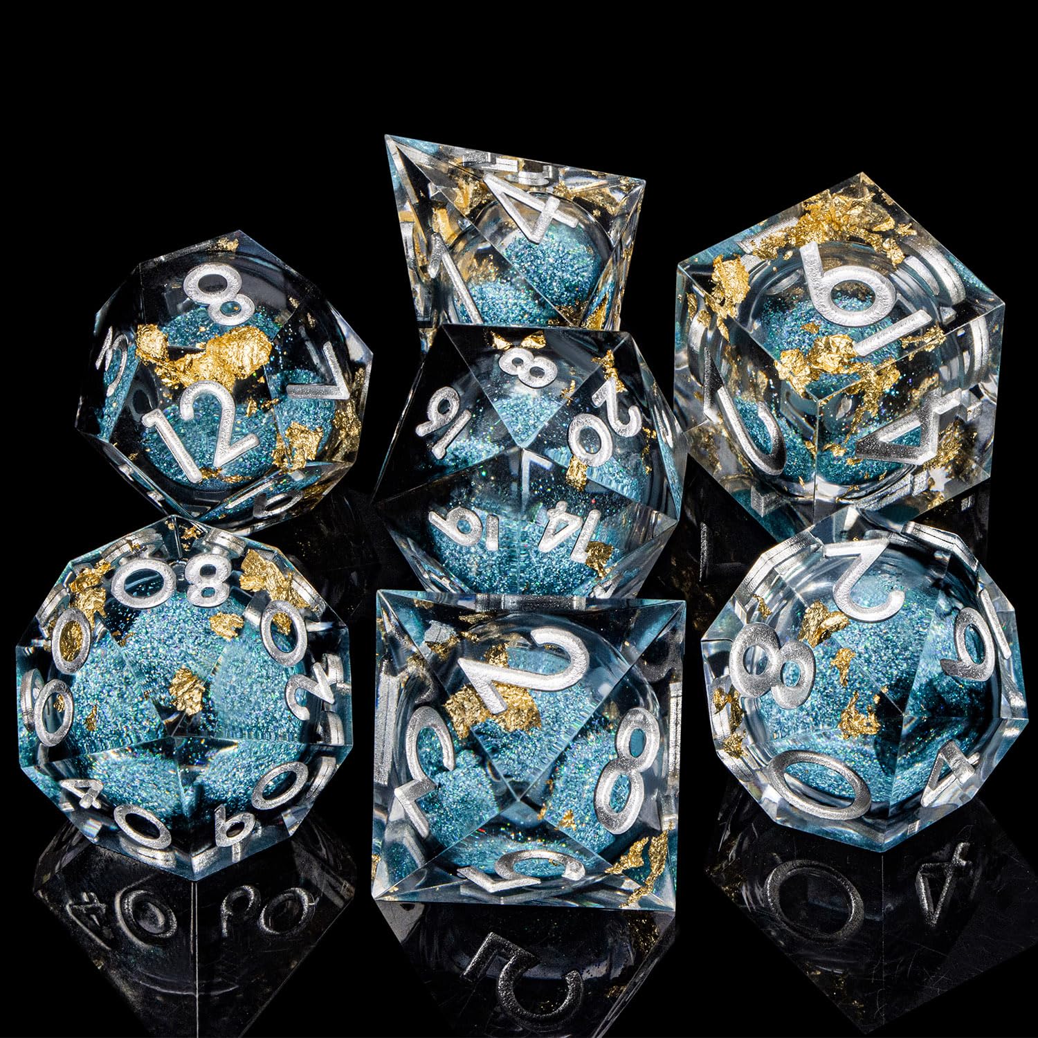 ORIFANTOU DND Dice Blue Liquid Core Dice Set with Metal Box, Handmade Sharp Edge D and D Polyhedral Dice for use with RPG D&D Role Playing Game