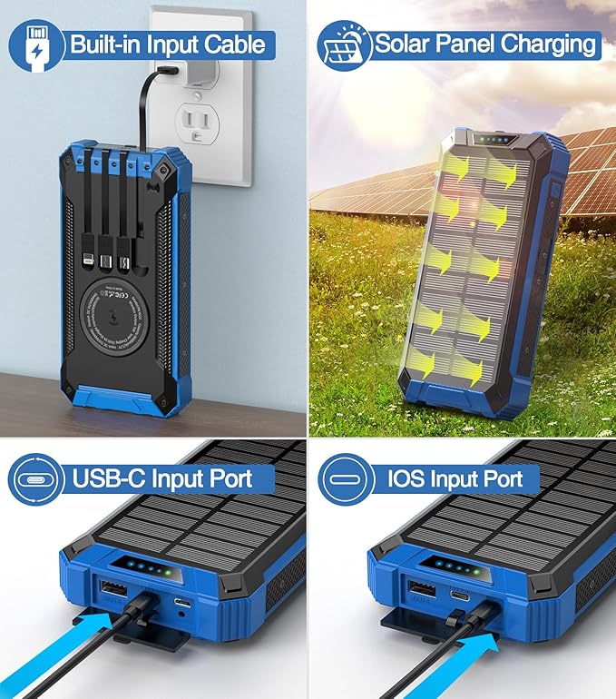 GOODaaa Power Bank Wireless Charger 36000mAh Built in 4 Cables Six Outputs 15W Fast Charging Power Bank for All Mobile Devices Three Inputs Solar Portable Charger with Dual Flashlights, Carabiner
