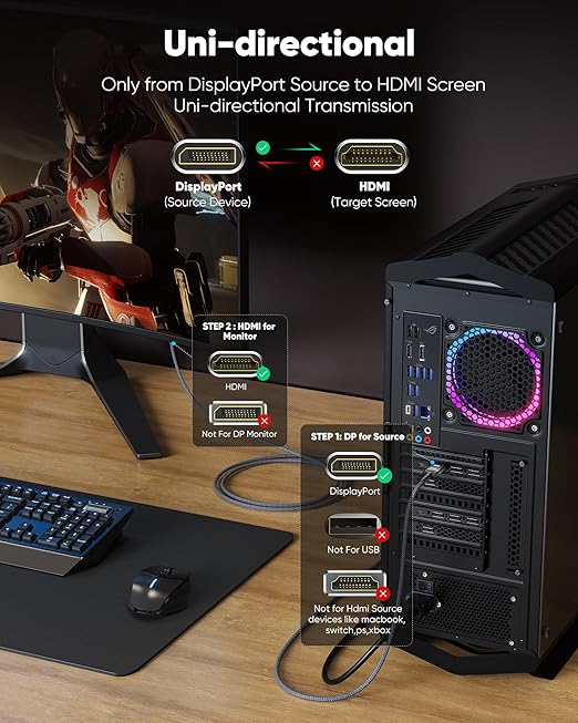 Highwings 4K DisplayPort to HDMI, 3.3ft Uni-Directional DP (Source) to HDMI (Display) 1.4 Cable, 4K@30Hz, 2K@60Hz, 1080P Full HD, Braided Cord for Dell, NVIDIA, AMD, Monitor, Projector (Red)