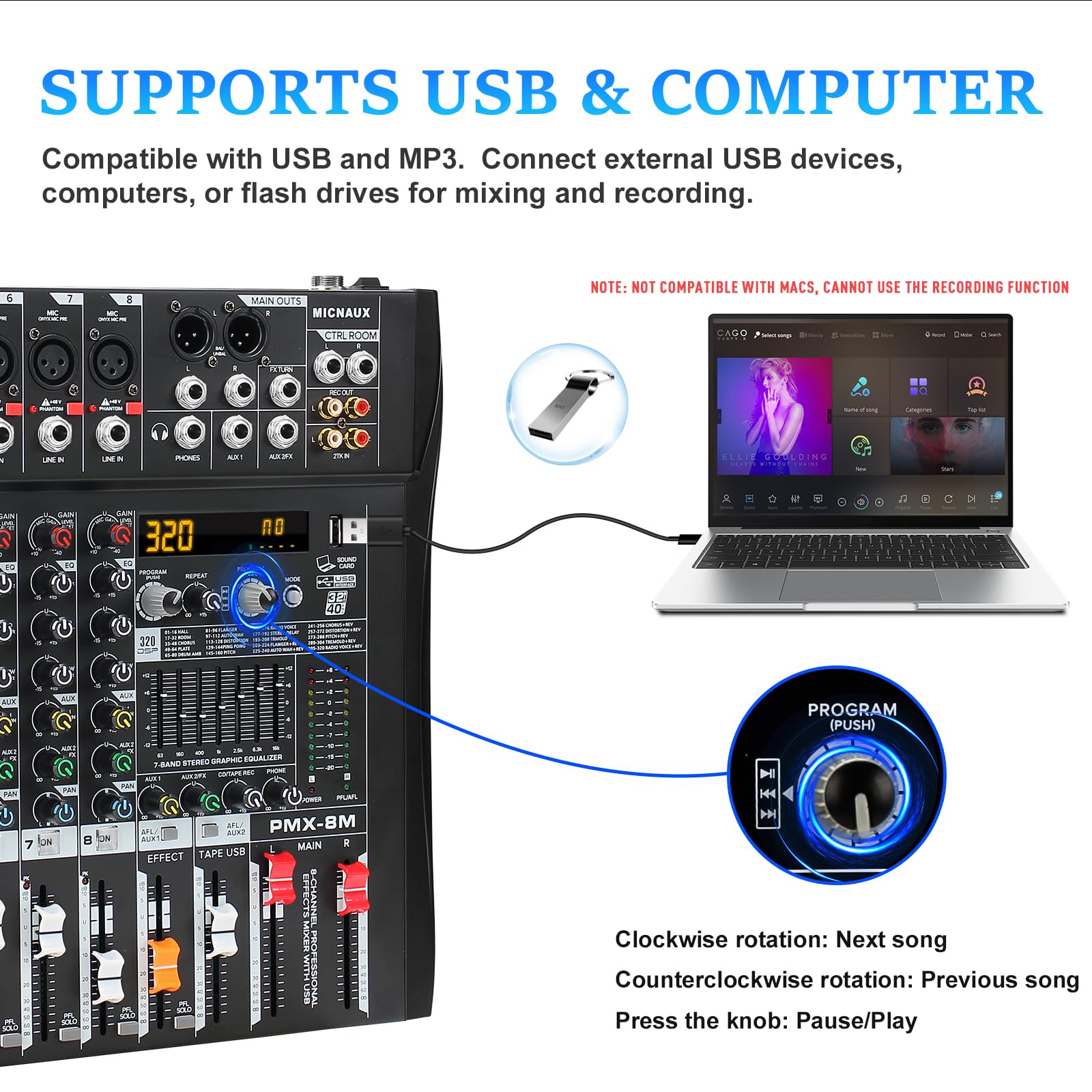 MICNAUX Audio Mixer 8 Channel Professional Mixer Console with 320 DSP Effects, 7-band EQ Sound Mixing Board Digital DJ Mixer w/USB Bluetooth MP3 for Recording, Independent 48V Power & Mute Button