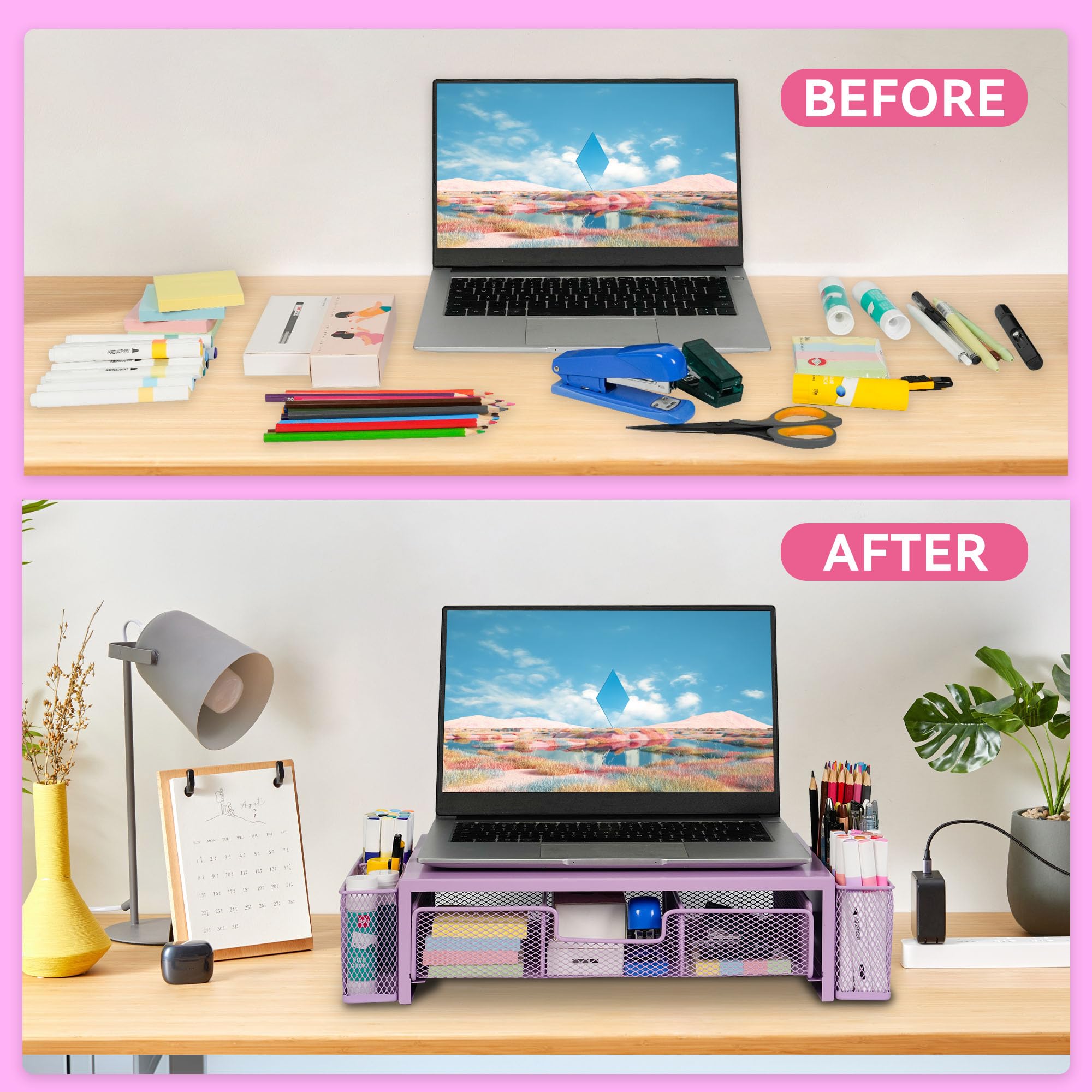 Qupui Computer Monitor Stand Riser with Drawer and Pen Holders, Desk Organizer Shelf and Accessories, Office Desk Accessories, Office Organization, Purple