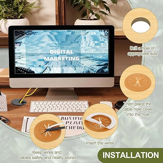 PATIKIL Desk Grommet 2-3/8", 4 Pcs Round Cable Grommet Cord Hole Cover with Adhesive Tape Flexible Table Wire Organizer for Office Home Table Countertop, Light Brown