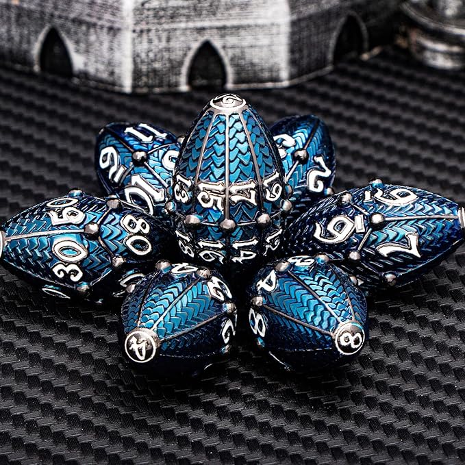 ARUOHHA DND Metal Dice Black Blue Dragons Egg Dice with Rotating Dragon Egg Shell, Compatible with D&D RPG Role Playing Game, Dungeons Polyhedral D and D Dice Set D20 D12 D10 D8 D6 D4