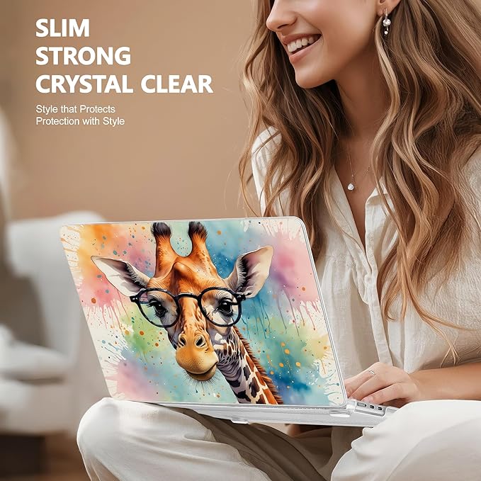 Case for MacBook Air 15 Inch 2025 2024 2023 Release M4 A3241 M3 A3114 M2 A2941, Hard Shell with Screen Protector & Keyboard Cover, Compatible with Touch ID, Glasses Giraffe