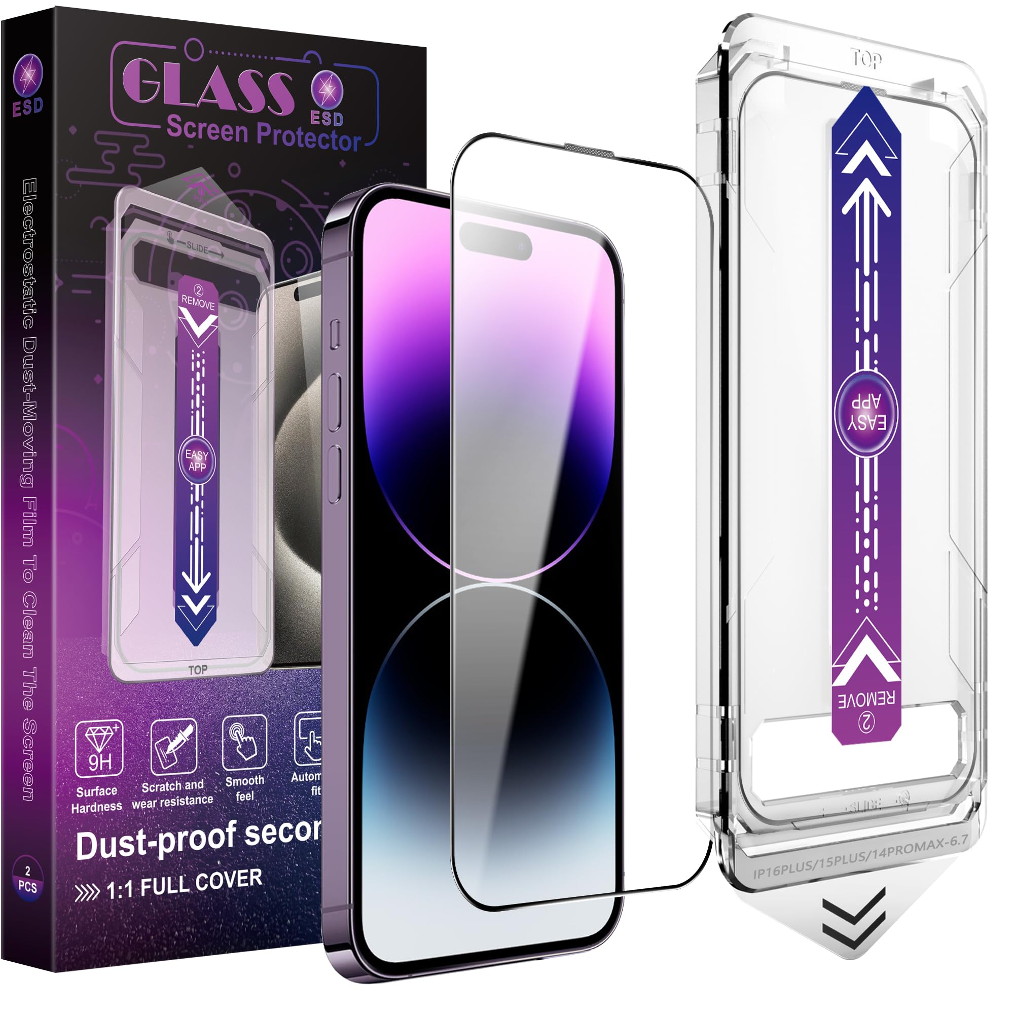 CHRYSHA 2-Pack Screen Protector Tempered Glass for iPhone 16 Plus and iPhone15 Plus and iPhone 14 Pro Max 6.7-Inch, Auto Dust Removal, No Bubbles, High Definition Clear, Easy Installation