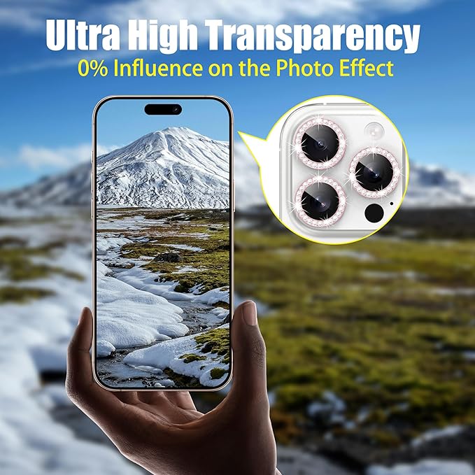 AGVEE 3+3 6 Pack for iPhone 16 Pro 6.3" / 16 Pro Max 6.9" Camera Lens Cover Protector, Bling Diamond & Bling Glitter Metal Ring 9H Tempered HD Glass Camera Cover Protector Film, Bling-Pink