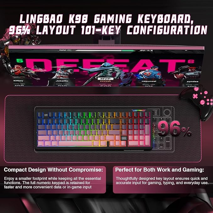LINGBAO K98 Wireless Mechanical Gaming Keyboard, Tri-Mode BT5.0/2.4GHz/USB-C, Creamy Keyboard with Number Pad, Hot Swappable Gasket Custom Linear Switches RGB Backlit Keyboards for Win/Mac/PC/Laptop