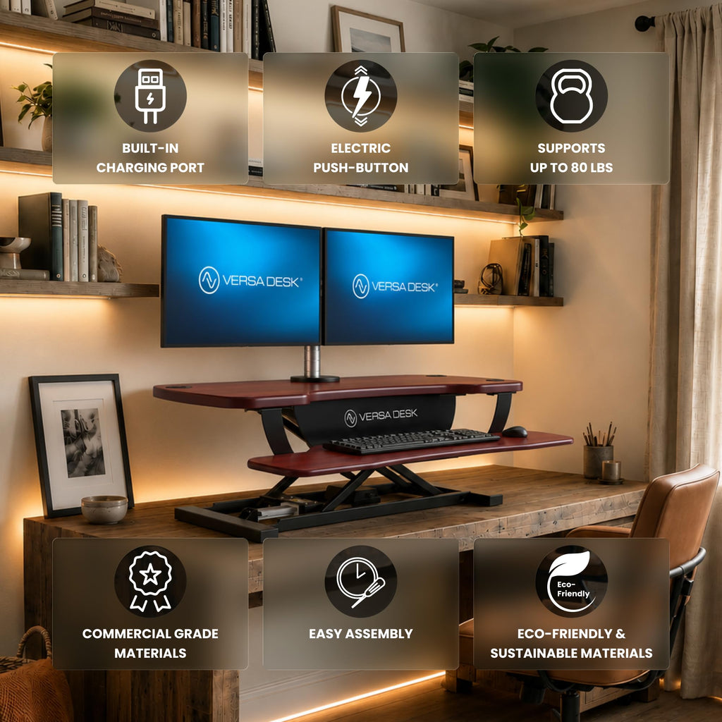 VERSADESK PowerPro 48 Inch Electric Standing Desk Converter – Push-Button Height Adjustable Sit to Stand Desk Riser for Multiple Monitors – Motorized Desktop Workstation with Wide Keyboard Tray