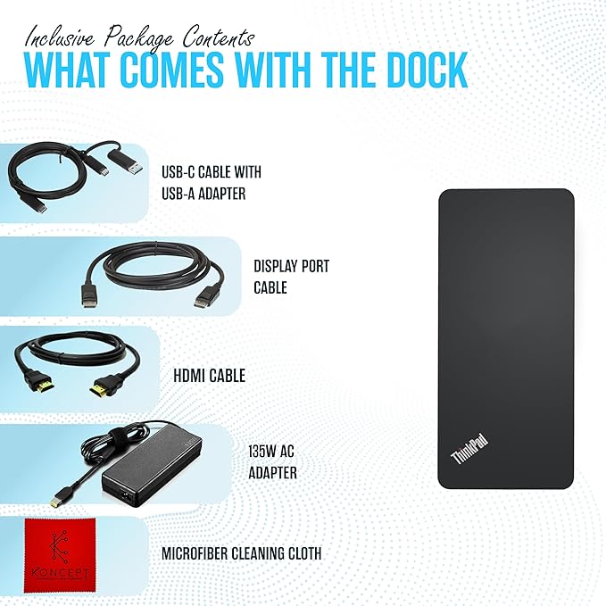 40AF0135US Lenovo Docking Station Dual Monitor Hybrid USB-C with USB-A, 135W, HDMI & DisplayPort Cable