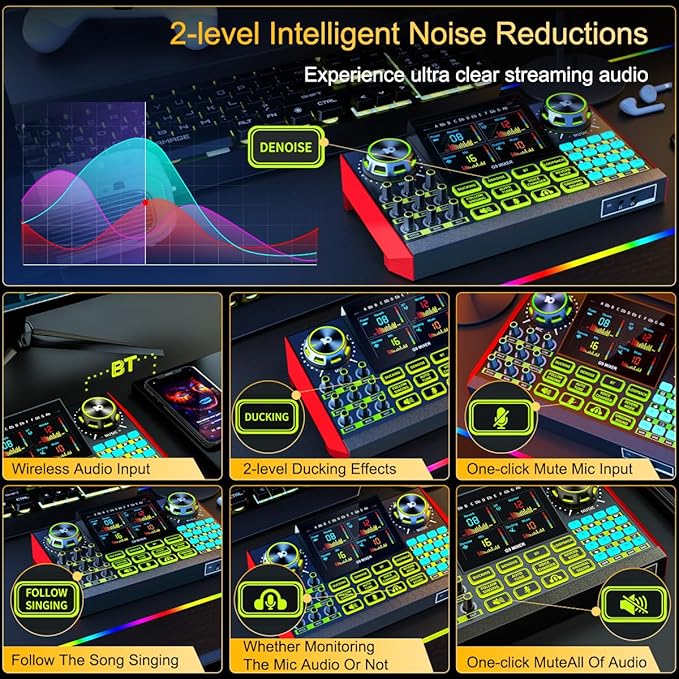 podcast equipment bundle, Live Sound Card with Audio Interface, All-in-One Audio Mixer with Voice Changer, Condenser Microphone for Live Streaming, Singing, Gaming, and Content Creation.