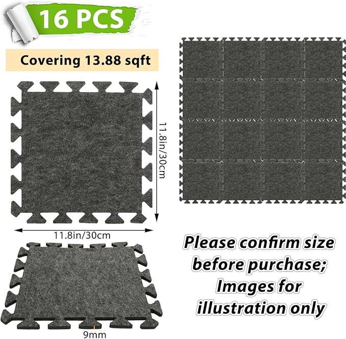 16 Pcs Sound Absorbing Interlocking Floor Mats, 11x 11 x 0.4 inches High Density Piano Carpet Drum Rug, Non-Slip Anti Vibration Soundproof Pads Acoustic Blankets for Music Studio