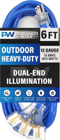 6 ft - 12 Gauge Heavy Duty Extension Cord - Lighted on Both Ends - SJTW Blue - Outdoor Extension_Cord Waterproof 6 ft by Premier Wire - 15 Amp ExtensionCord (6 Foot 12-Awg Power Cord Blue)
