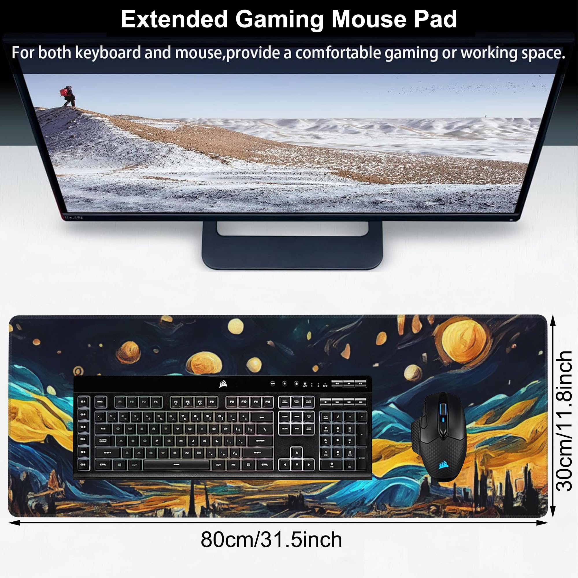 The Starry Night Desk Mat,Large Vincent Van Gogh Oil Painting Gaming Keyboard Mouse Pad,Non-Slip Rubber Base Desk Pad Thick Stitched Edges Waterproof Mousepad Mouse Mat 31.5"x11.8"