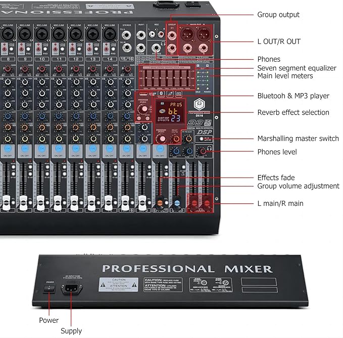 W IN-MIX DX16 Professional DJ Audio Mixer 16 Channel with 99 DSP Effects,7-band EQ,Independent 48V Phantom Power&Mute Button,Bluetooth Function,USB Interface Recording For Studio & Stage