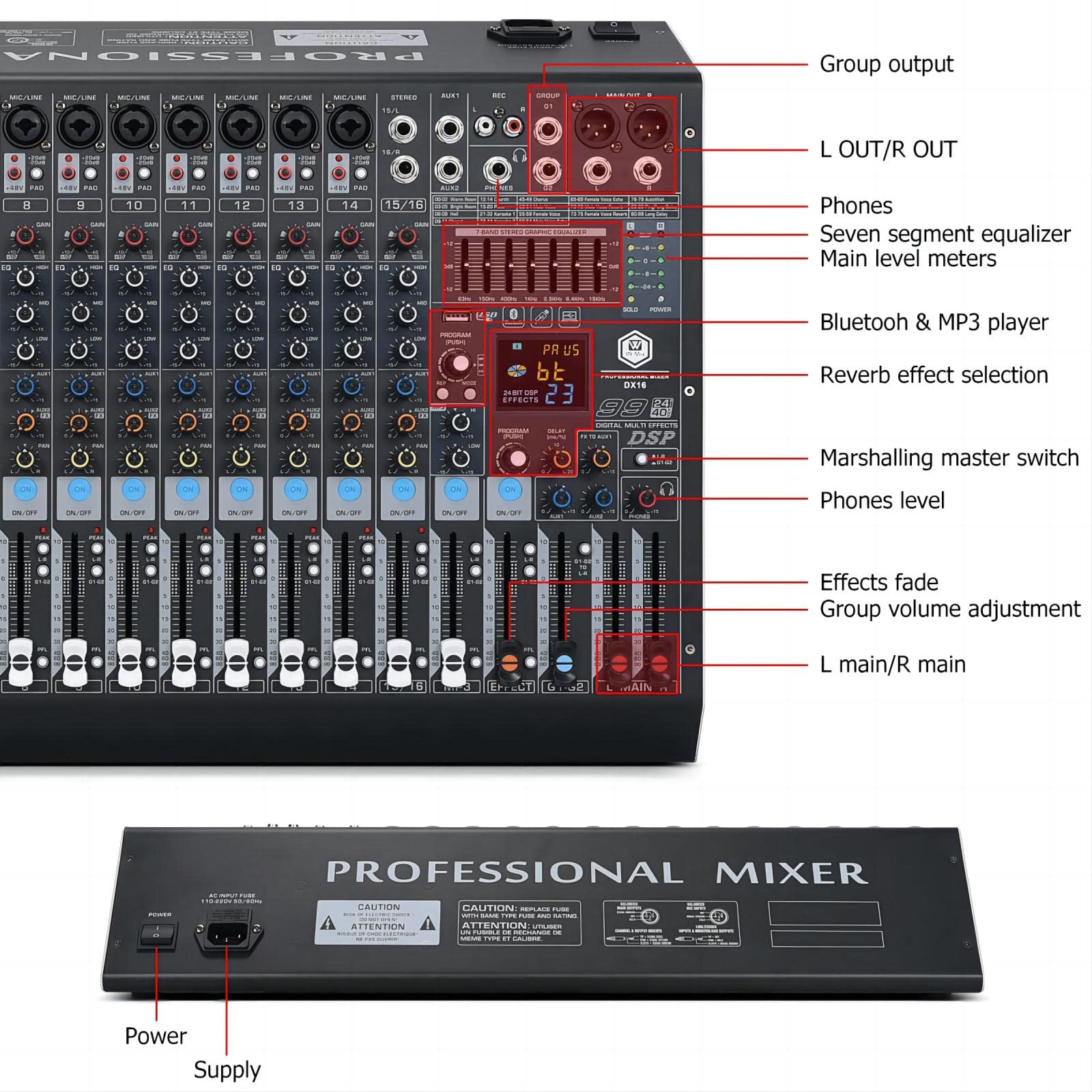 W IN-MIX DX16 Professional 16-Channel DJ Mixer with 99 DSP Effects, 7-Band EQ, 48V Phantom Power, Bluetooth & USB Recording for Live Performance, Studio, Podcast & Streaming